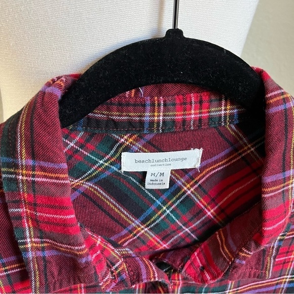 Beach Lunch Lounge Red Plaid Button Up Long Sleeve Peplum Flannel Shirt Size M - Picture 7 of 7